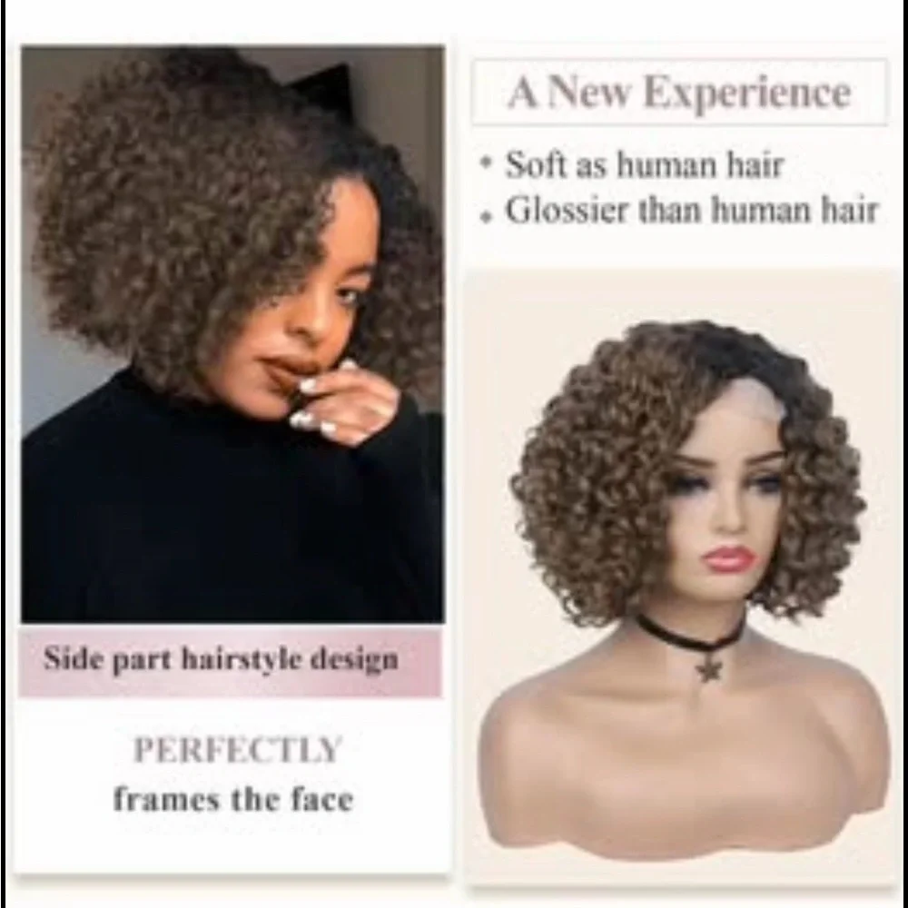 Quantum Black Women👩🏽Side Part Kinky Curly Bob Synthetic Ombre Blonde 12”Wig - Picture 9 of 9
